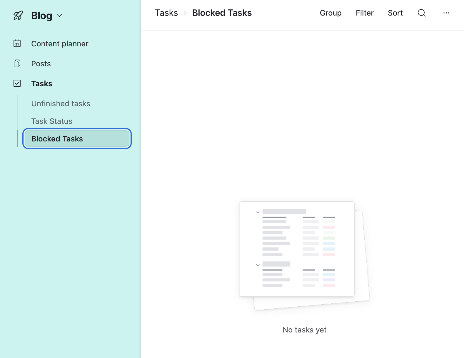 Airtable &ldquo;Blocked Tasks&rdquo; view showing &ldquo;No tasks yet&rdquo;.