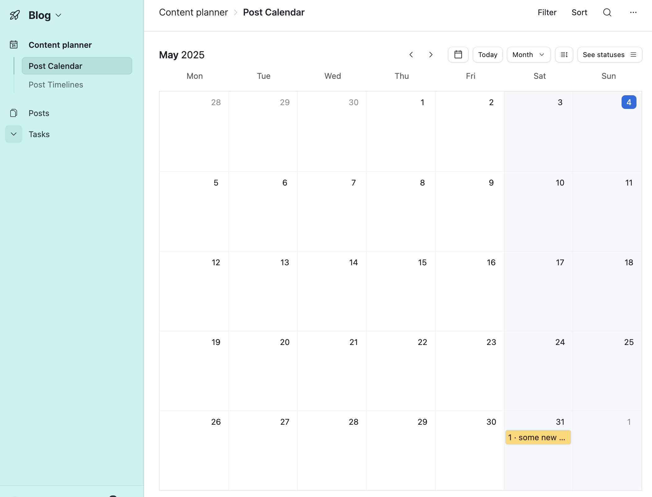 Airtable &ldquo;Post Calendar&rdquo; view under &ldquo;Content planner&rdquo; showing the month of May 2025 with &ldquo;1 - some new &hellip;&rdquo; on May 31st.