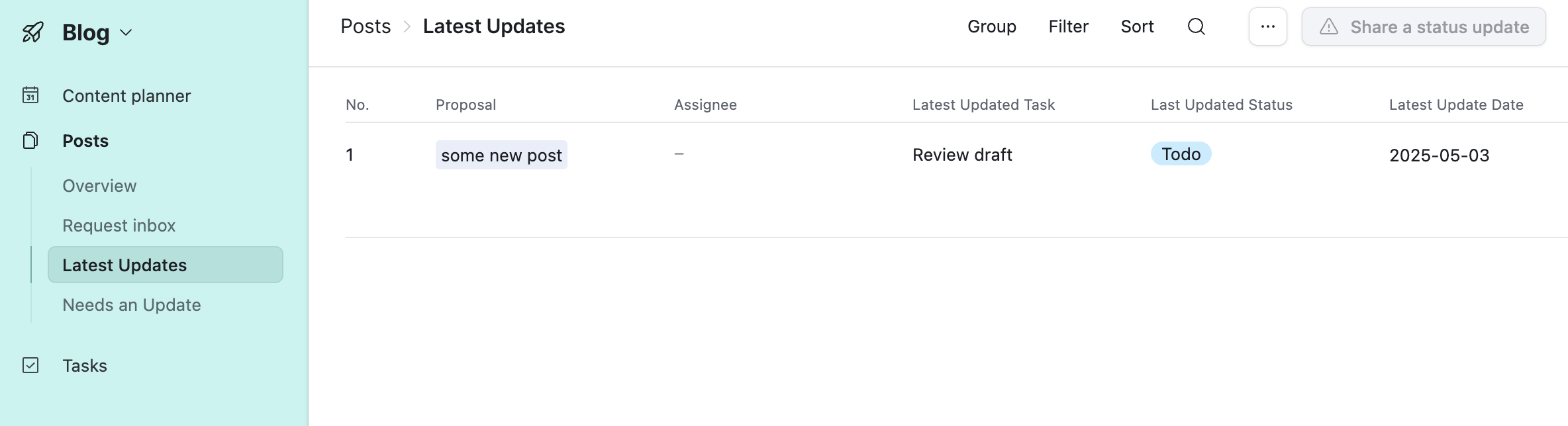 Airtable &ldquo;Latest Updates&rdquo; table under &ldquo;Posts&rdquo; showing one entry: &ldquo;some new post&rdquo; with status &ldquo;Todo&rdquo; and latest update date &ldquo;2025-05-03&rdquo;.