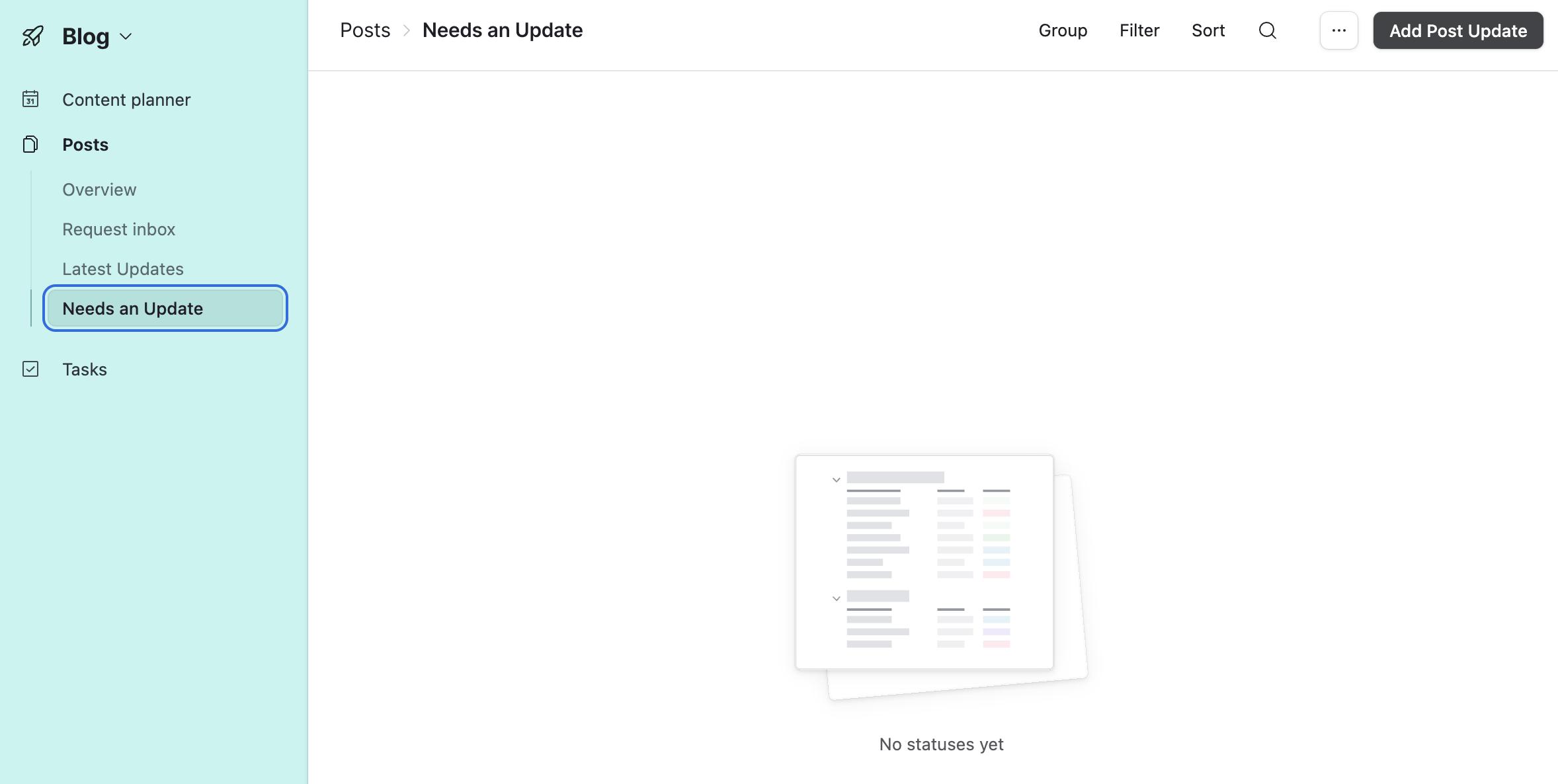 Airtable &ldquo;Needs an Update&rdquo; view under &ldquo;Posts&rdquo; showing &ldquo;No statuses yet&rdquo;.
