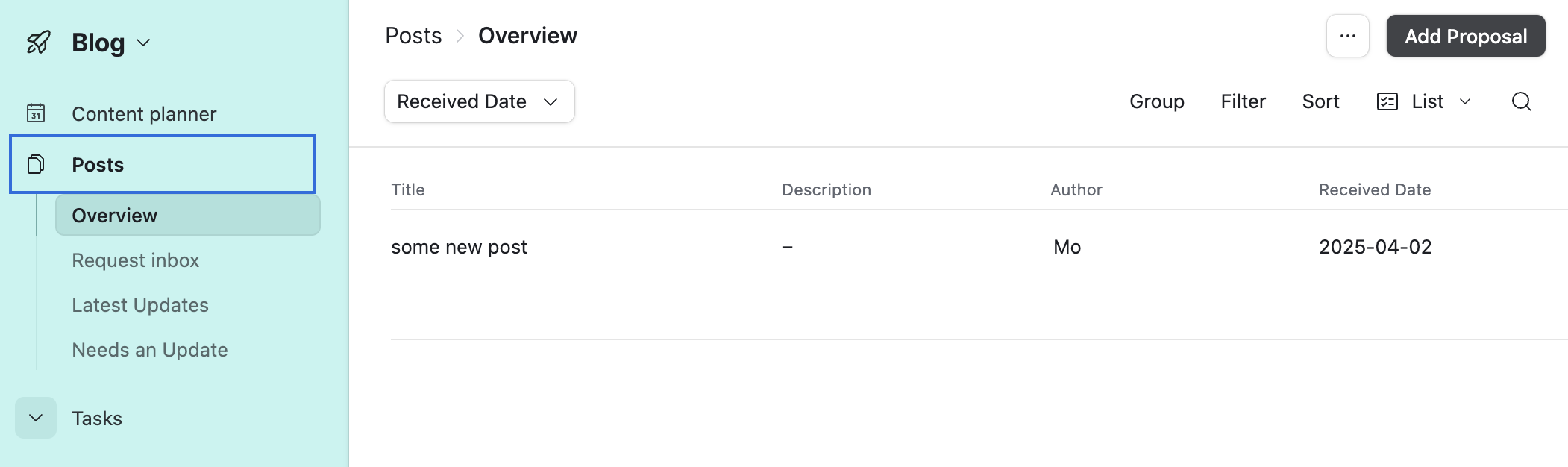 Airtable &ldquo;Overview&rdquo; table under &ldquo;Posts&rdquo; showing one entry: &ldquo;some new post&rdquo; received on &ldquo;2025-04-02&rdquo; by author &ldquo;Mo&rdquo;.