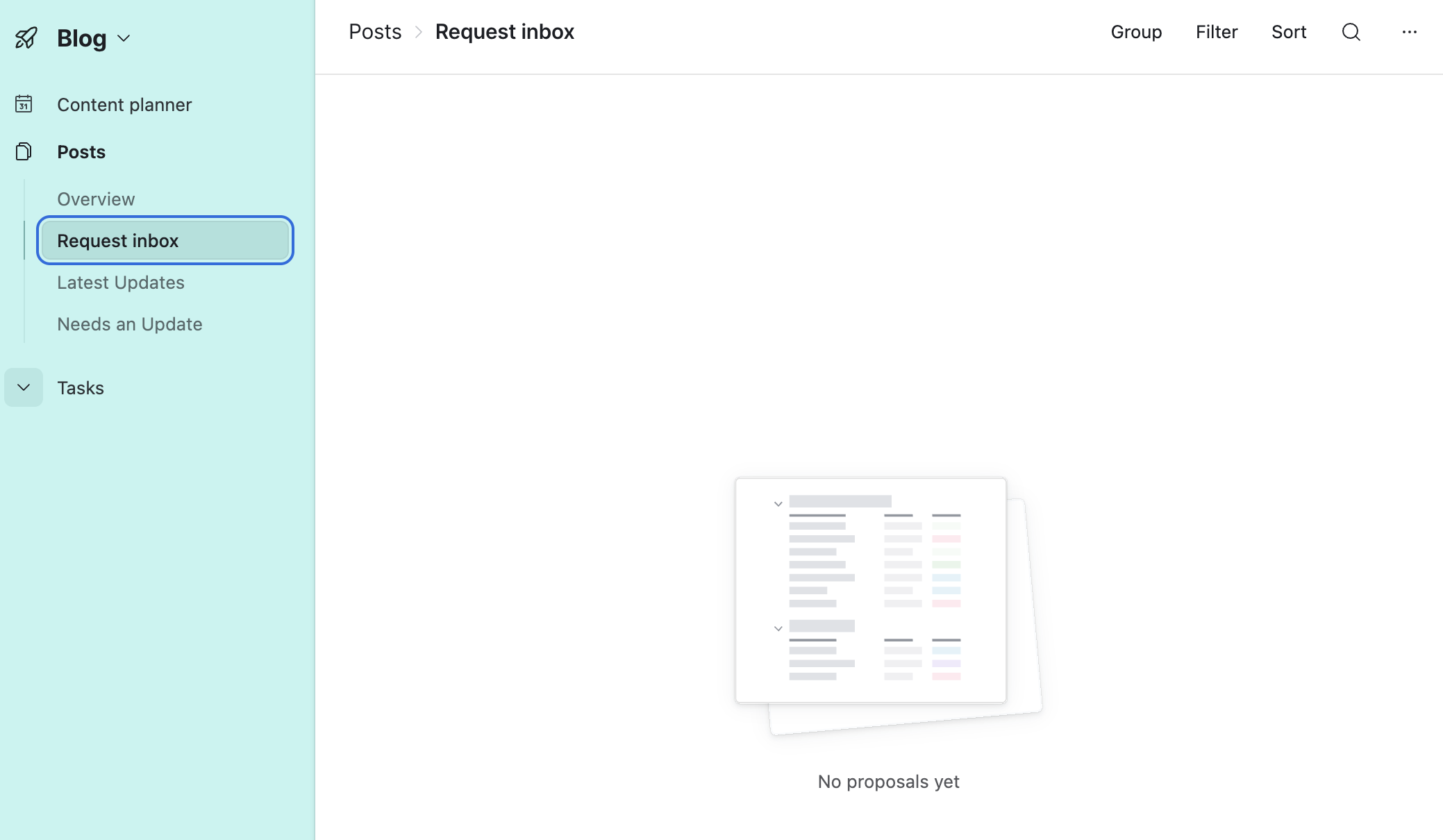 Airtable &ldquo;Request inbox&rdquo; view under &ldquo;Posts&rdquo; showing &ldquo;No proposals yet&rdquo;.