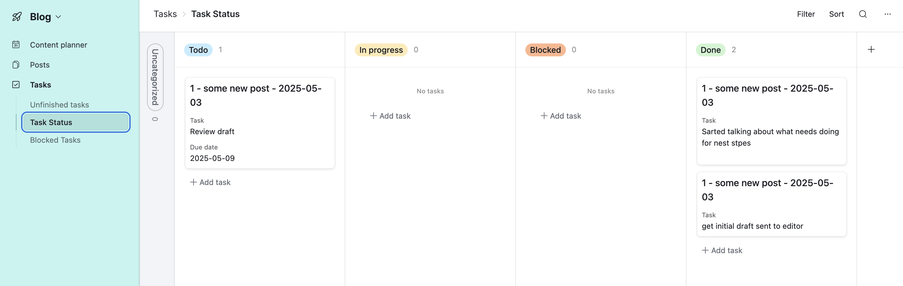 Airtable &ldquo;Task Status&rdquo; board view with columns: Todo (1), In progress (0), Blocked (0), Done (2).