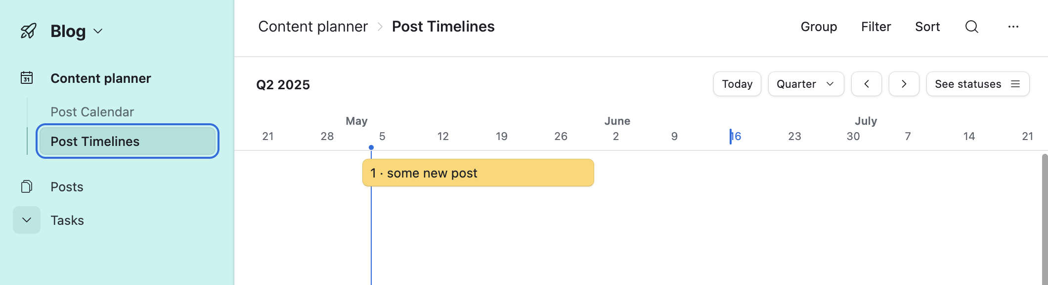 Airtable &ldquo;Post Timelines&rdquo; calendar view under &ldquo;Content planner&rdquo; showing &ldquo;1 - some new post&rdquo; scheduled in May 2025.